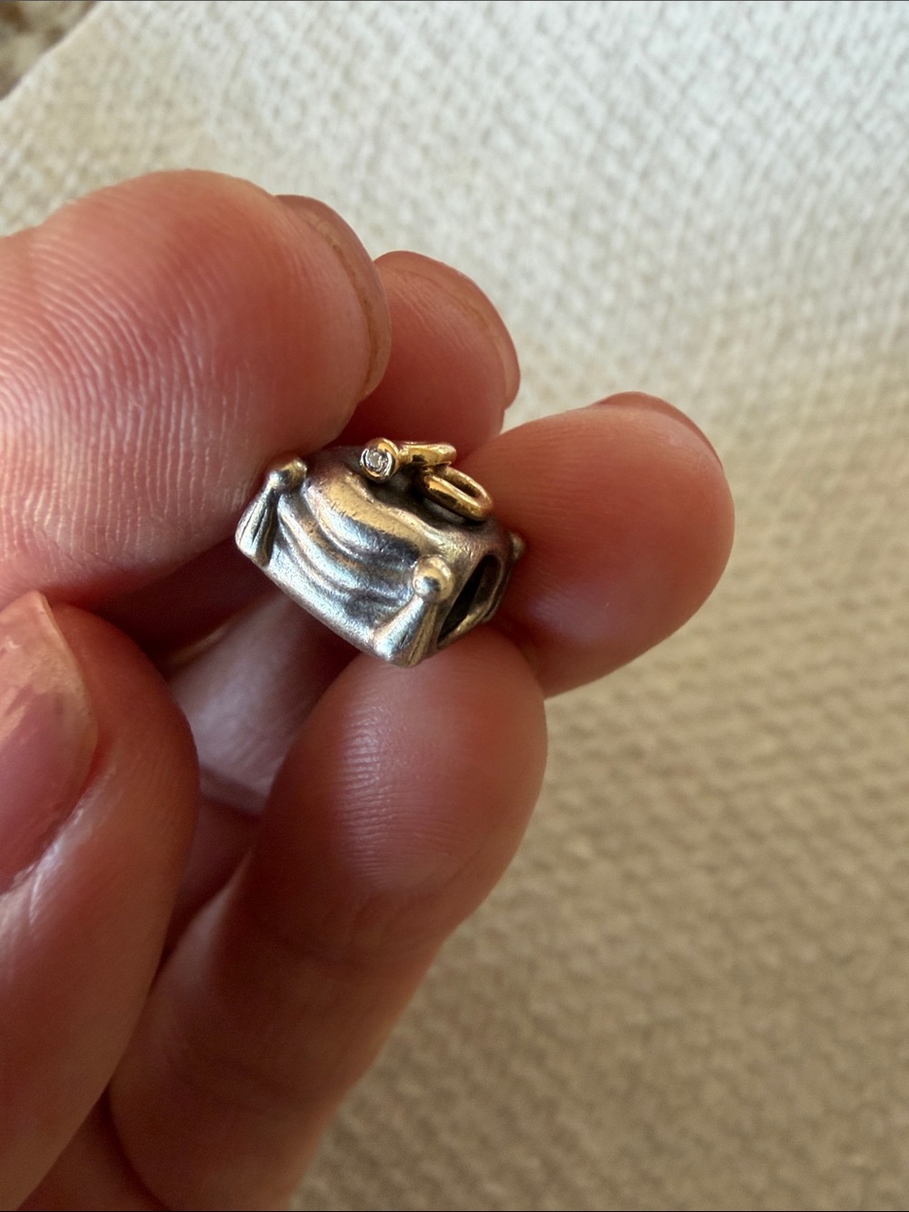 Pandora Sterling Silver Cushion Charm with 14k Gold Ring w/ Real Diamond Motif - Picture 3 of 5
